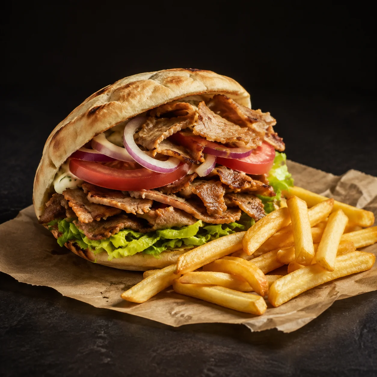 Illustration d’un kebab dans un pain rond, accompagné de frites